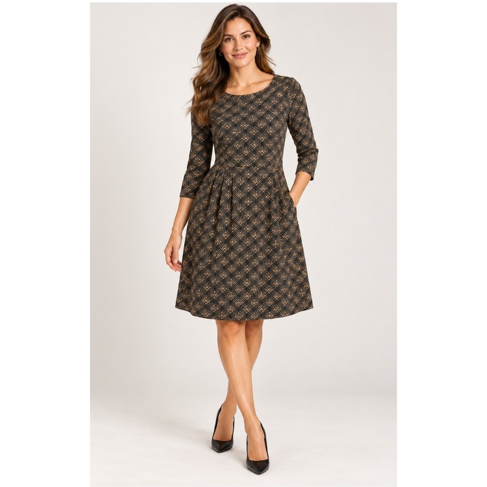 Connected Apparel Fit Flare Dress Womens 10 Camel Black Grid Knit Pockets NWT